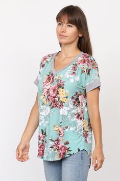 Mint Floral V-Neck Top_Plus V Neck Tops, Feminine Style, Made In The Usa, Western Fashion, Spring Outfits, Fashion Clothes Women, Floral Tops, Womens Bottoms, Summer Outfits