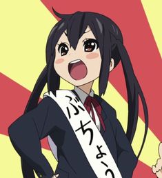 an anime character with long black hair holding a sash