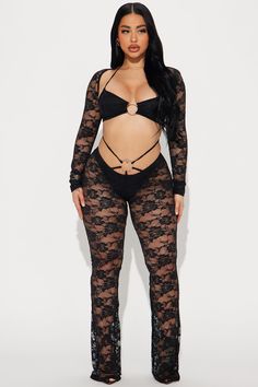 Festival Night Lace 3pc Pant Set - Black | Fashion Nova, Matching Sets | Fashion Nova 21st Birthday Photoshoot, Lace Pants, Flare Pant, Bra Top, Pant Set, Matching Dresses, Active Wear For Women, Flare Pants, Bra Tops