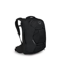 the ospree backpack is black and has an external compartment for storing items in it