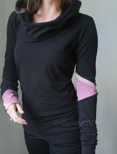 Hooded top/ Extra long sleeves/ Black with Pink by joclothing Pink Stretch Hooded Top, Pink Long Sleeve Tops With Thumbholes, Black Hooded Color Block Top, Black Color Block Hooded Top, Casual Pink Tops With Thumbholes, Pink Fitted Hoodie Top, Pink Stretch Hoodie Top, Fitted Hooded Top For Layering, Womens Hoodies