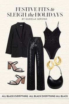 Black Pants Party Outfit Night, Coctail Outfit Girl, Black Outfits For Party Night Out, Glitter Shorts Outfit Night, Sequin Pants And Blazer Outfit, Lace And Sequins Outfit, Sparkly Christmas Party Outfit, Party Pants Outfit Night Out, Black Glitter Trousers Outfit