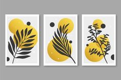 three yellow and black art prints with leaves