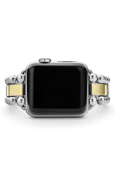 Turn your Apple Watch into a luxe jewelry piece with this gorgeous two-tone bracelet featuring inlaid 18-karat-gold links and signature Caviar beading. Style Name:Lagos Smart Caviar Two-Tone Watchband For Apple Watch, 38mm. Style Number: 5940717. Luxury Watch Bands With Polished Finish For Anniversary, Formal Silver Apple Watch Band With Polished Finish, Timeless Polished Watch Bands For Gift, Timeless Polished Watch Bands As Gift, Timeless Yellow Gold Watch Band As Gift, Classic Silver Apple Watch Band With Polished Finish, Yellow Gold Rectangular Watch Bands For Gift, Yellow Gold Rectangular Watch Bands As Gift, Rectangular Yellow Gold Watch Bands For Gift