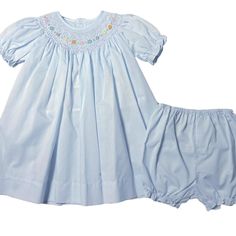 New from Petit Ami! Sweet bishop soft blue 2 piece dress with smocking with multi-colored hand embroidered rosettes and tiny pearls decorating the smocking. Button back for easy dressing. Coordinating bloomers complete the set. Size 6 months Poly/cotton blend Dress & bloomers Beautiful quality! Many more items in my store!!! Thanks for looking! Check us out on facebook or google classic baby boutique to find our website that offers FREE shipping everyday to the U.S.   Purchases made on Ebay do n 3 Month Baby, 6 Month Baby, Cotton Blends Dress, Easter Dress, Blue Pearl, Tag Sale, Piece Dress, Baby Month By Month, Simple Dresses