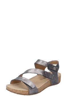 With clean lines and a trio of adjustable straps, this well-cushioned sandal is sure to be a favorite in the summer months. 1 1/4" heel; 3/4" platform (size 39) Adjustable straps with hook-and-loop closures Cushioned, contoured footbed Leather upper and lining/TPU sole Imported Gray Open Toe Sandals With Adjustable Fit, Gray Adjustable Open Toe Sandals, Camel Sandals, Josef Seibel, Black Leather Shoes, Tonga, Yellow Leather, Comfortable Sandals, Summer Months