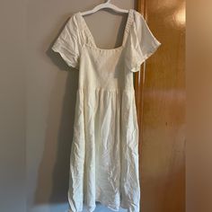 Size M, Puff Sleeves, Smoke Free Home, Has Lining Cream Midi-length Smocked Dress, Casual Cream Midi Dress With Smocked Back, Casual Cream Midi Dress With Smocked Bodice, Casual Cotton Smocked Dress With Square Neck, Casual Smock Midi Dress With Square Neck, Cream Smocked Midi Dress With Smocked Bodice, Cream Smocked Midi Dress, Casual Midi Dress With Smock And Square Neck, Casual Midi Dress With Square Neck And Smock Details