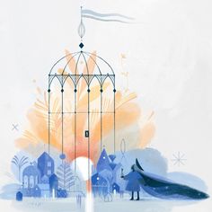 an artistic illustration of a birdcage in the middle of a landscape with houses and trees