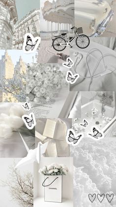 an artistic collage with white and black images, including a horse drawn carriage in the background