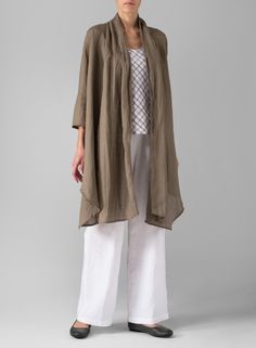 Linen Long Shawl-Collar Over Jacket Taupe Brown Summer Linen Cardigan For Layering, Long Sleeve Ramie Outerwear For Summer, Linen Outerwear For Layering With Relaxed Fit, Elegant Linen Outerwear For Daywear, Chic Linen Outerwear For Daywear, Elegant Oversized Linen Outerwear, Elegant Relaxed Fit Linen Outerwear, Relaxed Fit Linen Outerwear For Layering, Elegant Long Sleeve Linen Outerwear