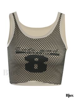 Bjux - Chic Number Print Mesh Stitching Crop Tank Top - Elegant Sleeveless Crew Neck Summer Top for Women White Mesh Sleeveless Tank Top, Sleeveless Mesh Crop Top For Summer, Casual Sleeveless Mesh Crop Top, Casual Mesh Sleeveless Crop Top, Sleeveless Crop Top With Mesh Back For Summer, Spring Sleeveless Top With Mesh Back, Sleeveless Mesh Back Crop Top For Summer, Fall Care, Crop Tank Top