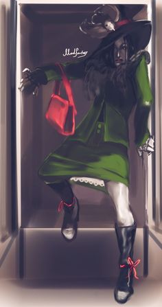 a drawing of a woman in a green dress and black hat holding a red purse