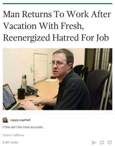 a man sitting at a desk with a laptop computer in front of him and the caption reads, me tomorrow man returns to work after vacation with fresh,