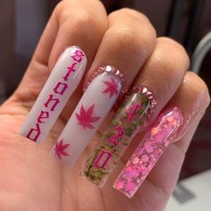 21st Bday Nails Short, Long Acyrilics Nails Designs, Marbled Acrylic Nails, Cute Clear Acrylic Nails, 4 20 Nails, Extra Acrylic Nails, Pot Leaf Nails, Extreme Nails Designs, Trippy Nails Acrylic