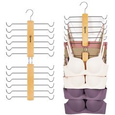 three different types of bras hanging on hooks