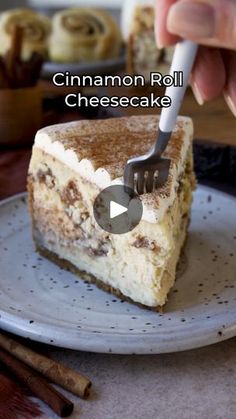 someone cutting into a piece of cinnamon roll cheesecake