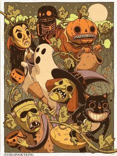 a group of cartoon characters with pumpkins and skeletons