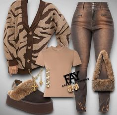 Winter Outfit Ideas Black Women, Brown Classy Outfit, Shein Inspo Outfits, Fur Boots Outfit Black Women, Cold Weather Outfits Baddie, Boots Outfit Black Women, Shein Winter Outfits, Brown Outfit Ideas, Fur Boots Outfit