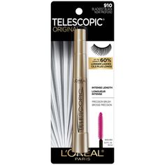 Telescopic® Original Washable Mascara delivers extreme length and ultimate definition for up to 70 percent longer lashes. Our flexible slim wand catches every lash for instant lash separation. Coats in one stroke for clump-free, smudge-resistant, and flake-resistant results L'Oreal Paris Telescopic Original Washable Intense Lengthening Mascara, Blackest Black, 0.27 fl oz; Extreme length and ultimate definition for up to 70 percent longer lashes; Lightweight formula with up to 24HR wear Flexible Mascara Telescopic, Telescopic Mascara, Longer Lashes, Brow Stylist, Blackest Black, Lengthening Mascara, Best Mascara, Lower Lashes, Sensitive Eyes