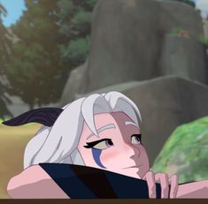 an animated image of a woman with white hair and grey hair, leaning on a table