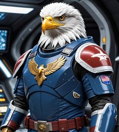 an eagle in a space suit is posed for a photo