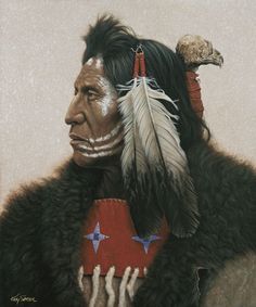 a native american man with feathers and an eagle on his head is shown in this painting