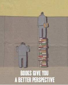 two men are standing in front of a tall stack of books