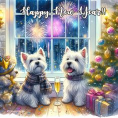 two white dogs sitting next to each other in front of a window with fireworks and presents