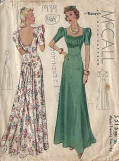 1939 Vintage Sewing Pattern EVENING DRESS B34 (1168) | eBay Dress Sewing Patterns Vintage4me2, 30s Fashion, Casual Chique, Vintage Dress Patterns, Motif Vintage, Retro Mode, 1930s Fashion, Vestidos Vintage, Old Fashion