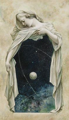 a drawing of a woman with her head in the air, and planets behind her