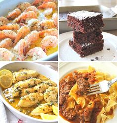 four different pictures of food including pasta, shrimp, and other foods on plates with utensils