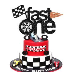 a red and black birthday cake with the words fast one on top