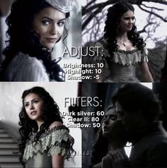 four different pictures of the same woman in white dresses and black hair, with words describing their roles