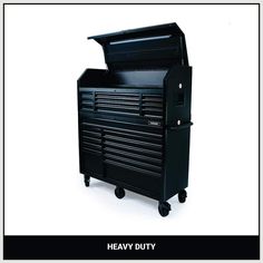 the heavy duty tool cabinet is black and has drawers on each side that are open