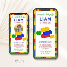 two cell phones with lego themed birthday cards on the front and back, both showing an image of a child's face