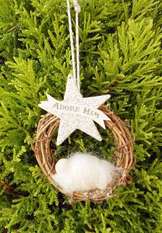 a christmas ornament hanging from a tree with a star decoration on the front