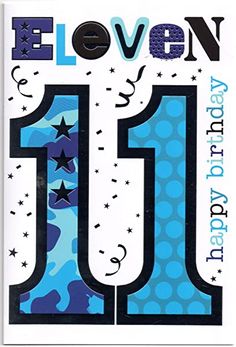 the front cover of an eleven year birthday card with blue and black stars on it