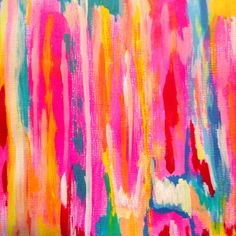 an abstract painting with bright colors and lines on the canvas, as well as brush strokes