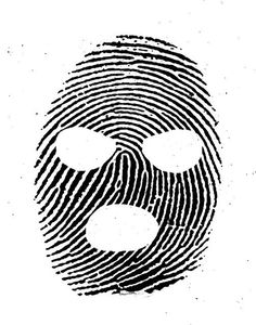 a black and white image of a fingerprint with the word's face drawn on it