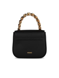 Contrast top handle, tone-on-tone finish, contrast logo, magnetic closure, removable shoulder strap, single inner compartment, three slit pockets\n16 x 13.5 x 6 cmVERSACE'LA MEDUSA' BLACK LEATHER MINI BAG Chanel Camellia Flower, Leather Mini Bag, Chanel Camellia, Versace Brand, Contrast Top, Wide Cuff Bracelets, Shoulder Strap Bag, Crossbody Tote, Gianni Versace