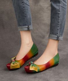 Retro Rainbow Bow Cowhide Leather Comfortable High Wedge Heels ShoesMade of:-Cowhide Leather Upper.-Rubber sole- cushioned insole.0.78"/2cm Heel Floral Skirt Fall, Rainbow Bow, Shoes Retro, High Wedges, Retro Rainbow, Shoes Heels Wedges, Fall Skirts, Heels Shoes, Nike Outfits