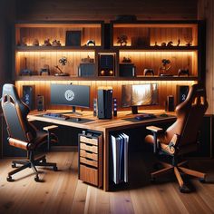 a wooden desk with two computer monitors on top of it and an office chair next to it