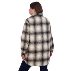 This S.E.B. by SEBBY brushed plaid shirt jacket for women offers a long oversized fit at a great price point. Bringing designer details and all-around comfort, this women's shacket coat will not disappoint. It features roomy side entry pockets for ample storage and to keep your hands warm on chilly days. It features brown faux horn marble buttons for a very refined look. The shaket can be worn as a fall coat and right into the winter as true outerwear layered over heavier top. The brushed wool l Trendy Oversized Plaid Outerwear, Oversized Plaid Shacket For Winter, Casual Oversized Plaid Outerwear, Oversized Plaid Outerwear, Plaid Shacket With Relaxed Fit For Winter, Plaid Relaxed Fit Shacket For Winter, Oversized Plaid Shacket Casual Style, Oversized Collared Shacket For Winter, Oversized Long Sleeve Flannel Shirt For Fall