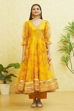 Saffron yellow floral print anarkali with balloon sleeves and side tie-up. Paired with a matching pant and dupatta. - Aza Fashions Floral Print Anarkali, Saffron Yellow, Fashion App, Balloon Sleeves, Set For Women, Yellow Floral, Anarkali, Aza Fashion, Sleeve Type