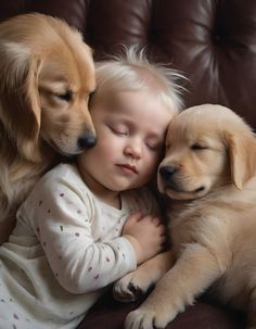 a baby and two dogs cuddle together