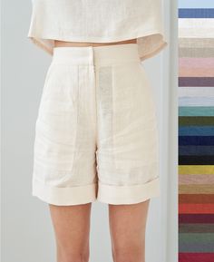 "No better way to fully appreciate the summer than wearing our ASPEN shorts. 90's inspired timeless silhouette, high waist and women's beloved, handy front pockets. FABRIC: 100% softened Lithuanian linen COLOR: Please choose a color on the side menu. STYLE: Softened linen high waist shorts with hem detail and front pockets. Inseam length is around 6 inches ( 15.5 cm). SIZE CHART: XS Bust 28- 31\" (72- 80 cm) Waist 20- 22.5\" (51- 58 cm) Hips 31.5 -34.5\" (80- 87 cm) S Bust 31.5- 35\" (80- 88 cm) Tailored Shorts Outfit, Modern Blouse Designs, Linen Style Fashion, Linen Shorts Women, Bermuda Shorts Women, Wrap Shorts, Summer Shorts Outfits, Embellished Blouse, Linen Color