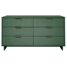 a green dresser with four drawers and two brass pulls on the bottom, in front of a white background