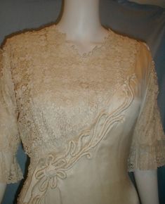 Exquisite Antique Edwardian Wedding Dress 1912 Ivory Satin and Lace | eBay Elegant Cream Wedding Dress For Ceremony, Elegant Cream Gown For Ceremony, Historical Design Wedding Dress With Fitted Bodice, Historical Wedding Dress With Fitted Bodice, Classic Formal Gown With Lace Trim, Classic Cream Gown For Formal Occasions, Formal Wedding Dress With Lace Trim And Fitted Bodice, Vintage Evening Gown With Historical Design, Fitted Wedding Dress With Historical Design