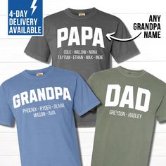 Customize this Father's Day shirt with any Grandpa or Dad name & add the kids names as well!  It's the perfect custom men's t-shirt that any Papa, Pawpaw, Gramps, Daddy, or any Grandfather name in between will cherish! Our Bella+Canvas tees have that light and vintage feel. ♥ Our Comfort Colors tees are garment-dyed for that trendy distressed look. ♥ 》 》HOW TO ORDER 《 《 * Select product, size + color from the drop down menus * Add your dad/grandfather name + kids names in the personalization box Cotton T-shirt With Name Print For Family Events, Personalized Crew Neck Tops For Father's Day, Custom Text Cotton Tops For Family Events, Personalized Crew Neck T-shirt For Father's Day, Customizable Crew Neck Shirt For Father's Day, Father's Day Customizable Crew Neck Shirt, Personalized Short Sleeve Tops For Father's Day, Father's Day Personalized Short Sleeve Tops, Personalized Cotton Tops For Family Events