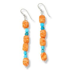 Jay King Orange Spiny Oyster Shell and Turquoise Bead Dangle Earrings  The vibrant colors of orange spiny oyster shell and blue-green turquoise used in these fun, dangling earrings create a chic color contrast that's sure to set you apart from the crowd! From Jay King.       Approx. 3-1/16"L x 5/16"W     Stamped .925     Pierced with wire backs     Earrings have nugget-shaped beads of orange spiny oyster shell and blue-green turquoise strung together in dangling drop   Stone Information       Al Southwestern Orange Jewelry With Colorful Beads, Southwestern Style Orange Jewelry With Colorful Beads, Vibrant Orange Dangle Jewelry, Orange Beach Jewelry With Dangling Beads, Orange Jewelry With Dangling Beads For Beach, Orange Drop Earrings For The Beach, Nickel-free Orange Jewelry For Beach, Orange Drop Earrings For Beach, Nickel-free Orange Jewelry For The Beach